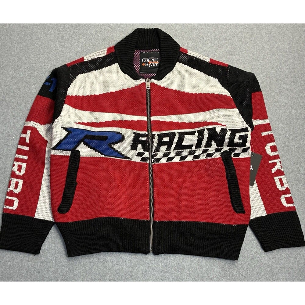 NWT Men's Small Copper Rivet Racing Zip Up Knit Sweater Red Moto Graphic Jacket